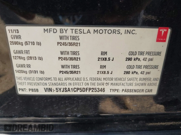 2013 Tesla Model S Performance with VIN 5YJSA1CP5DFP25346, listed as a IAAI auction lot 42463047 with 112,909 mi miles and . Bid and sale history available at DreamBid. Image 9.