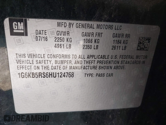 2017 Cadillac CT6 AWD with VIN 1G6KB5RS6HU124768, listed as a IAAI auction lot 41985931 with 119,606 mi miles and . Bid and sale history available at DreamBid. Image 9.