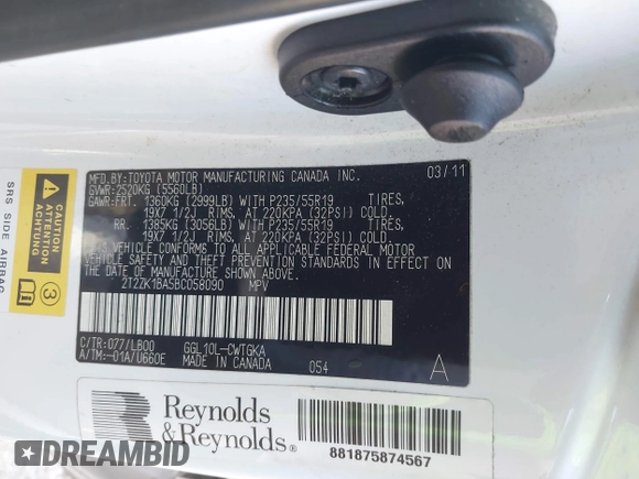 2011 Lexus RX 350 with VIN 2T2ZK1BA5BC058090, listed as a IAAI auction lot 41312625 with 188,122 mi miles. Bid and sale history available at carsss.com. Image 9.