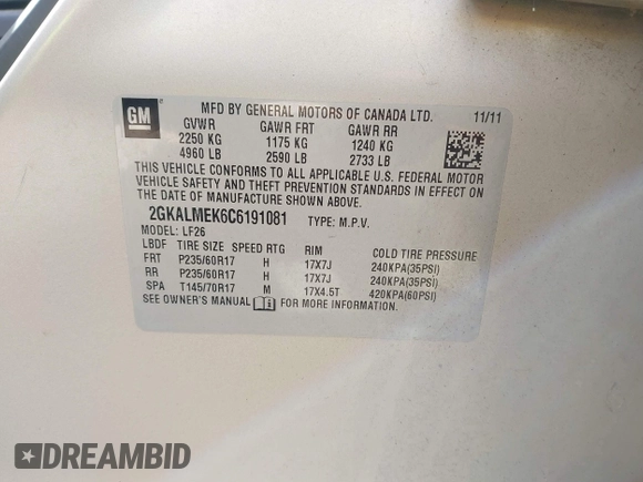 2012 GMC Terrain SLE-1 with VIN 2GKALMEK6C6191081, listed as a IAAI auction lot 42017961 with 150,243 mi miles and . Bid and sale history available at carsss.com. Image 9.