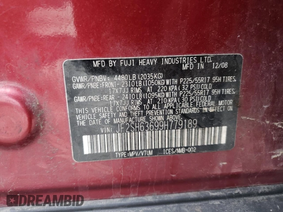 2009 Subaru Forester X с VIN JF2SH63699H779189, выставлен на аукционе Copart как лот 57384375 с пробегом 166 003 миль миль и Чистый • Clean title. История ставок и продаж доступна на DreamBid. Изображение 12.