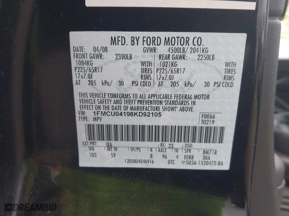 2008 Ford Escape Limited with VIN 1FMCU04198KD92105, listed as a IAAI auction lot 41559245 with 189,821 mi miles. Bid and sale history available at carsss.com. Image 9.