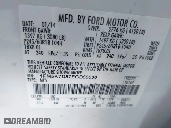 2014 Ford Explorer XLT with VIN 1FM5K7D87EGB50030, listed as a IAAI auction lot 40999068 with 110,455 mi miles and . Bid and sale history available at carsss.com. Image 9.