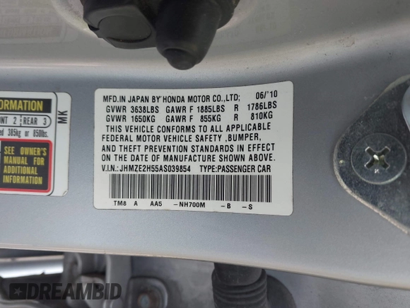 2010 Honda Insight LX with VIN JHMZE2H55AS039854, listed as a IAAI auction lot 42086147 with 153,555 mi miles and . Bid and sale history available at DreamBid. Image 9.