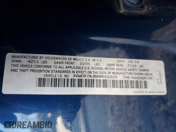 2011 Volkswagen Jetta SE with VIN 3VWDX7AJ8BM022225, listed as a Copart auction lot 84355224 with 101,887 mi miles and Clean title. Bid and sale history available at DreamBid. Image 12.