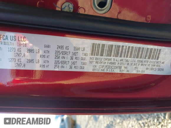 2019 Jeep Cherokee Latitude with VIN 1C4PJMCB1KD330788, listed as a IAAI auction lot 41162447 with 96,763 mi miles. Bid and sale history available at carsss.com. Image 9.