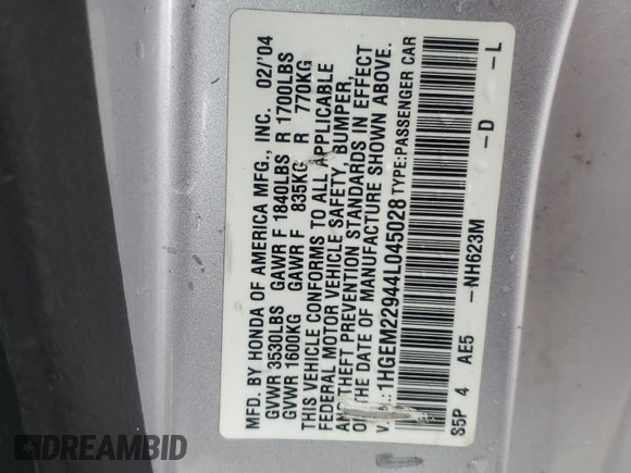 2004 Honda Civic EX с VIN 1HGEM22944L045028, выставлен на аукционе Copart как лот 44078585 с пробегом 172 048 миль миль и На запчасти • Non repairable. История ставок и продаж доступна на DreamBid. Изображение 12.