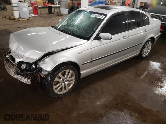 2001 BMW 3 Series 330i with VIN WBAAV53491JR80273, listed as a Copart auction lot 85076974 with 0 mi miles and Salvage Title. Bid and sale history available at carsss.com. Image 1.