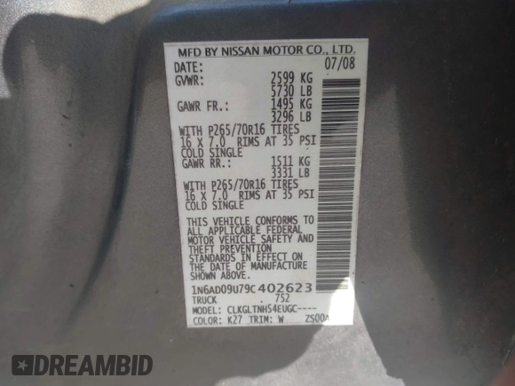 2009 Nissan Frontier LE with VIN 1N6AD09U79C402623, listed as a IAAI auction lot 41656385 with 286,777 mi miles and . Bid and sale history available at DreamBid. Image 9.