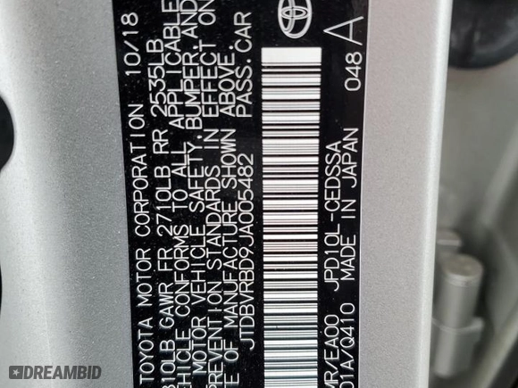 2018 Toyota Mirai with VIN JTDBVRBD9JA005482, listed as a Copart auction lot 38238154 with 49,030 mi miles. Bid and sale history available at carsss.com. Image 15.