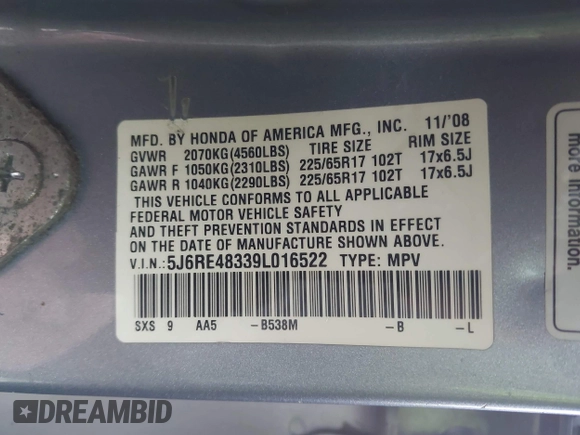 2009 Honda CR-V LX with VIN 5J6RE48339L016522, listed as a IAAI auction lot 40783609 with 209,891 mi miles. Bid and sale history available at carsss.com. Image 9.
