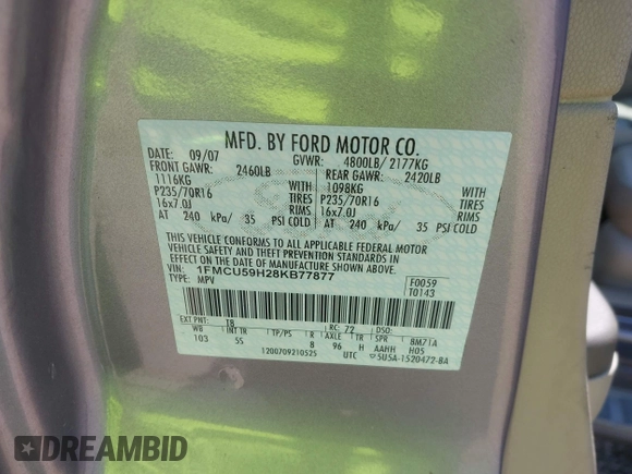 2008 Ford Escape Hybrid with VIN 1FMCU59H28KB77877, listed as a IAAI auction lot 42538747 with 305,353 mi miles and . Bid and sale history available at DreamBid. Image 9.