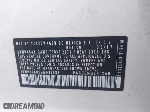2017 Volkswagen Golf S с VIN 3VWH17AU9HM533688, выставлен на аукционе IAAI как лот 40091125 с пробегом 82 578 миль миль и . История ставок и продаж доступна на DreamBid. Изображение 9.
