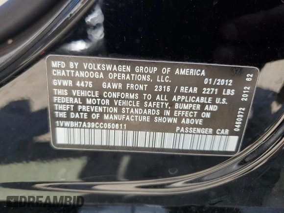 2012 Volkswagen Passat SE z VIN 1VWBH7A39CC050611, wystawiony jako Copart lot #51877065 z przebiegiem 134 059 mil mil oraz Szkoda całkowita • Salvage title. Historia ofert i sprzedaży dostępna na DreamBid. Obrazek 12.