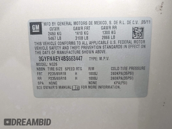 2011 Cadillac SRX Luxury Collection with VIN 3GYFNAEY4BS663447, listed as a IAAI auction lot 42134933 with 153,411 mi miles and . Bid and sale history available at DreamBid. Image 9.