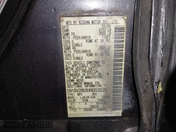 2004 Nissan Quest S with VIN 5N1BV28UX4N353525, listed as a IAAI auction lot 39576363 with 110,784 mi miles. Bid and sale history available at carsss.com. Image 9.