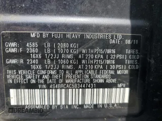 2011 Subaru Outback 2.5i with VIN 4S4BRCAC5B3447431, listed as a Copart auction lot 60684865 with 100,612 mi miles and Salvage title. Bid and sale history available at DreamBid. Image 13.