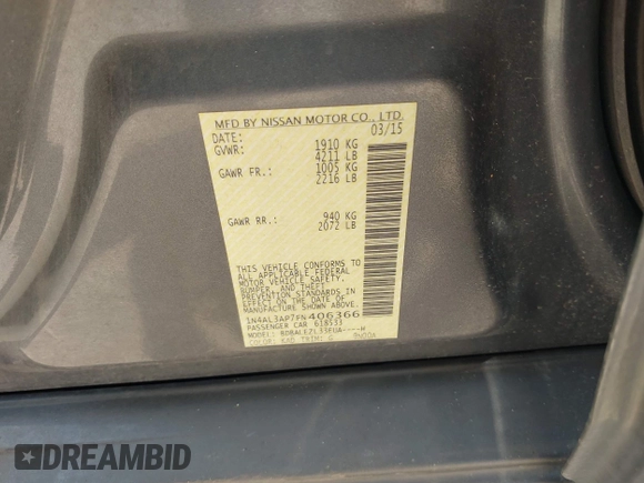2015 Nissan Altima S z VIN 1N4AL3AP7FN406366, wystawiony jako IAAI lot #42503152 z przebiegiem 204 870 mil mil oraz . Historia ofert i sprzedaży dostępna na DreamBid. Obrazek 9.