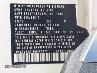 2017 Volkswagen Tiguan Wolfsburg Edition with VIN WVGRV7AX1HW505773, listed as a IAAI auction lot 38026893 with 63,026 mi miles and . Bid and sale history available at DreamBid. Image 9.