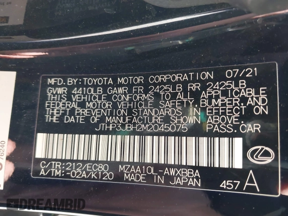2021 Lexus UX with VIN JTHP3JBH2M2045075, listed as a IAAI auction lot 40979086 with 44,578 mi miles. Bid and sale history available at carsss.com. Image 9.