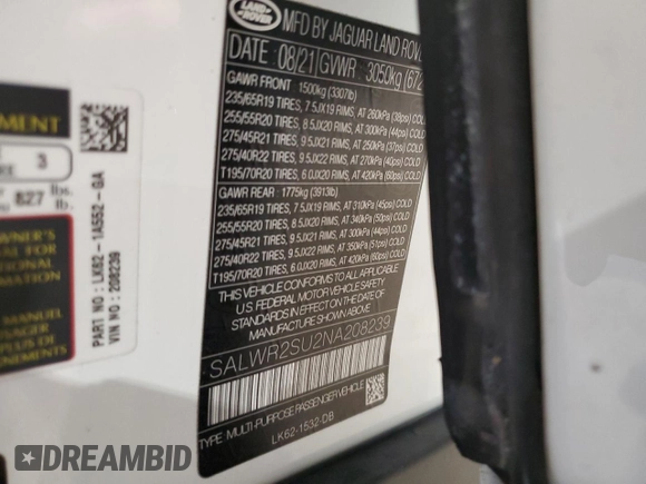 2022 Land Rover Range Rover Sport HSE Silver Edition with VIN SALWR2SU2NA208239, listed as a Copart auction lot 63218965 with 22,452 mi miles and Salvage title. Bid and sale history available at DreamBid. Image 13.