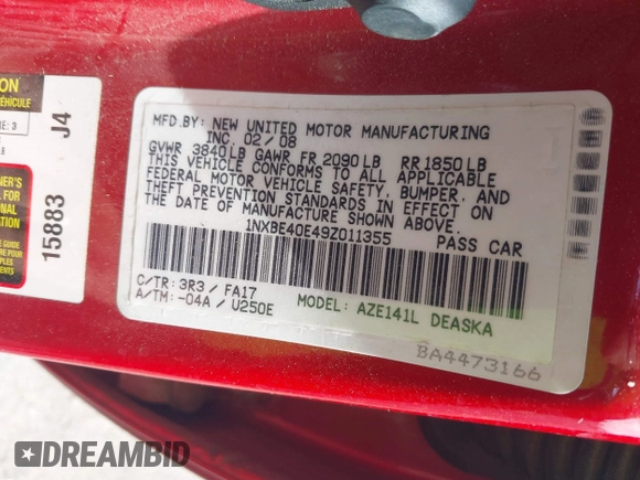 2009 Toyota Corolla XRS with VIN 1NXBE40E49Z011355, listed as a IAAI auction lot 42169188 with Not Provided miles. Bid and sale history available at carsss.com. Image 9.