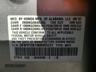 2008 Honda Pilot EX-L with VIN 5FNYF28748B005231, listed as a Copart auction lot 80670384 with 236,949 mi miles and Non Repairable. Bid and sale history available at DreamBid. Image 15.