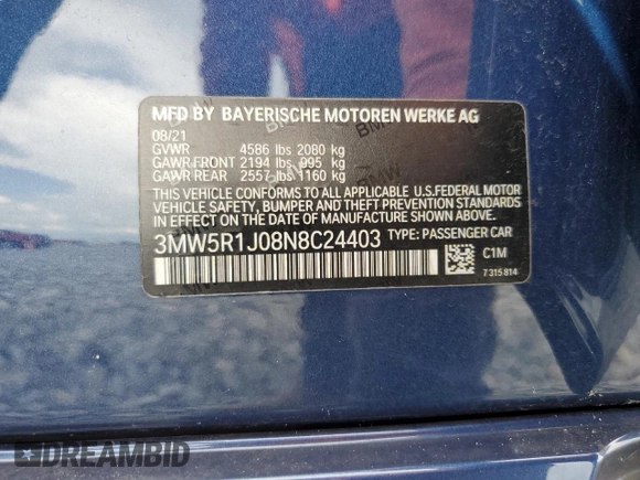 2022 BMW 3 Series 330i with VIN 3MW5R1J08N8C24403, listed as a Copart auction lot 59592785 with 32,166 mi miles and Salvage title. Bid and sale history available at DreamBid. Image 12.