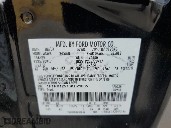 2008 Ford F-150 XL with VIN 1FTPX12578KB21035, listed as a Copart auction lot 49135385 with 179,916 mi miles and Salvage title. Bid and sale history available at DreamBid. Image 12.