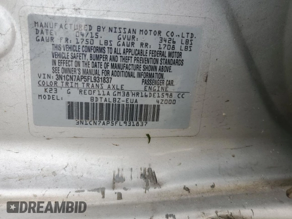 2015 Nissan Versa SV with VIN 3N1CN7AP5FL931837, listed as a Copart auction lot 57343155 with 104,494 mi miles and Salvage title. Bid and sale history available at DreamBid. Image 13.