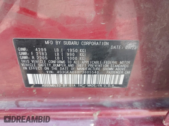 2023 Subaru Impreza with VIN 4S3GKAB68P3605540, listed as a IAAI auction lot 42720388 with 35,745 mi miles and . Bid and sale history available at DreamBid. Image 9.