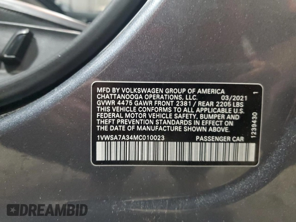 2021 Volkswagen Passat SE z VIN 1VWSA7A34MC010023, wystawiony jako Copart lot #55831605 z przebiegiem 105 235 mil mil oraz Szkoda całkowita • Salvage title. Historia ofert i sprzedaży dostępna na DreamBid. Obrazek 12.