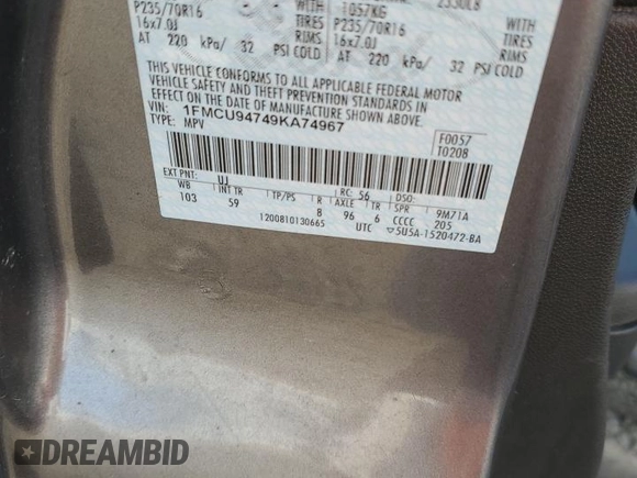 2009 Ford Escape Limited with VIN 1FMCU94749KA74967, listed as a Copart auction lot 78949544 with 118,148 mi miles and Salvage title. Bid and sale history available at DreamBid. Image 14.