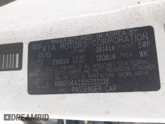 2013 Kia Forte EX with VIN KNAFU4A23D5731338, listed as a IAAI auction lot 42067997 with 130,300 mi miles. Bid and sale history available at carsss.com. Image 9.