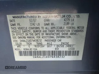 2007 Nissan Altima 2.5 S with VIN 1N4AL21E07N438232, listed as a IAAI auction lot 41859922 with 130,927 mi miles. Bid and sale history available at carsss.com. Image 9.