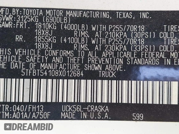 2008 Toyota Tundra 4WD Truck with VIN 5TFBT54108X012684, listed as a IAAI auction lot 42187646 with 149,140 mi miles. Bid and sale history available at carsss.com. Image 9.
