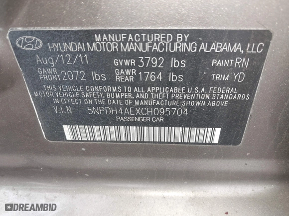 2012 Hyundai Elantra GLS with VIN 5NPDH4AEXCH095704, listed as a IAAI auction lot 42093583 with 99,154 mi miles. Bid and sale history available at carsss.com. Image 9.