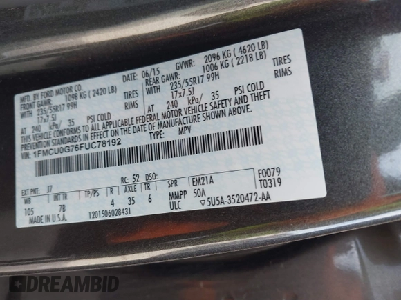 2015 Ford Escape SE with VIN 1FMCU0G76FUC78192, listed as a IAAI auction lot 41828183 with 80,348 mi miles. Bid and sale history available at carsss.com. Image 9.