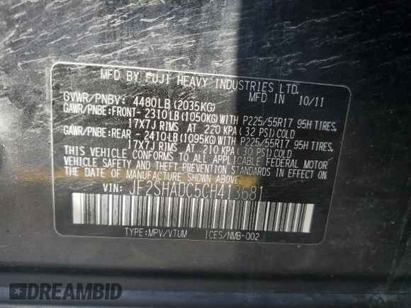 2012 Subaru Forester X Premium с VIN JF2SHADC5CH413681, выставлен на аукционе Copart как лот 58606095 с пробегом 120 274 миль миль и Чистый • Clean title. История ставок и продаж доступна на DreamBid. Изображение 13.