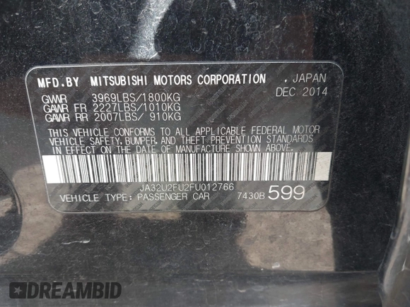 2015 Mitsubishi Lancer ES with VIN JA32U2FU2FU012766, listed as a IAAI auction lot 42651495 with 163,609 mi miles and . Bid and sale history available at DreamBid. Image 9.
