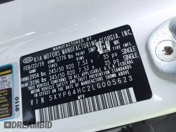2020 Kia Telluride S with VIN 5XYP64HC2LG005623, listed as a IAAI auction lot 41492269 with 137,147 mi miles and . Bid and sale history available at DreamBid. Image 9.