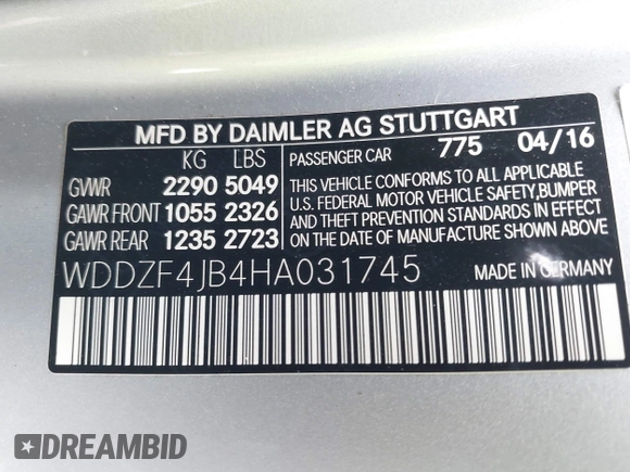 2017 Mercedes-Benz E 300 Luxury with VIN WDDZF4JB4HA031745, listed as a IAAI auction lot 42245007 with 66,799 mi miles and . Bid and sale history available at DreamBid. Image 9.