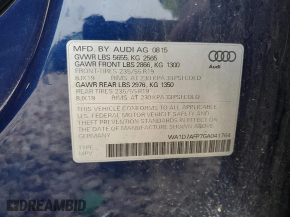 2016 Audi Q5 Premium Plus z VIN WA1D7AFP7GA041764, wystawiony jako Copart lot #50207545 z przebiegiem 126 360 mil mil oraz Szkody całkowita. Historia ofert i sprzedaży dostępna na DreamBid. Obrazek 15.