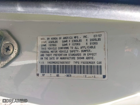 2007 Honda Accord Cpe EX-L with VIN 1HGCM82627A007457, listed as a IAAI auction lot 41498298 with 243,517 mi miles. Bid and sale history available at carsss.com. Image 9.