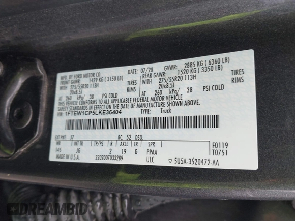 2020 Ford F-150 XL with VIN 1FTEW1CP5LKE36404, listed as a IAAI auction lot 41546645 with 60,372 mi miles. Bid and sale history available at carsss.com. Image 9.