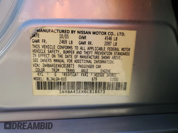 2006 Nissan Maxima 3.5 SE with VIN 1N4BA41EX6C818873, listed as a Copart auction lot 73162304 with 0 mi miles and Salvage Title. Bid and sale history available at carsss.com. Image 12.