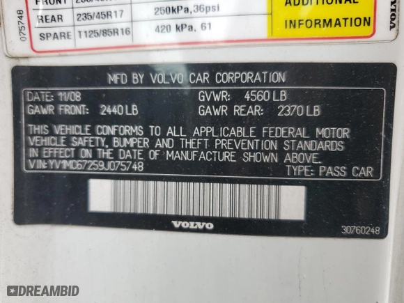 2009 Volvo C70 with VIN YV1MC67259J075748, listed as a Copart auction lot 48071175 with 115,002 mi miles and Clean Title. Bid and sale history available at carsss.com. Image 12.
