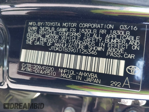 2016 Toyota Prius One with VIN JTDKDTB39G1125346, listed as a IAAI auction lot 42010865 with 87,795 mi miles and . Bid and sale history available at DreamBid. Image 9.