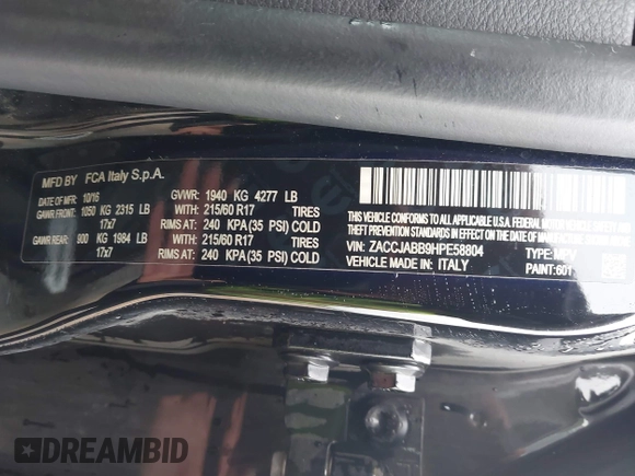 2017 Jeep Renegade Latitude with VIN ZACCJABB9HPE58804, listed as a IAAI auction lot 42100567 with 100,474 mi miles. Bid and sale history available at carsss.com. Image 9.
