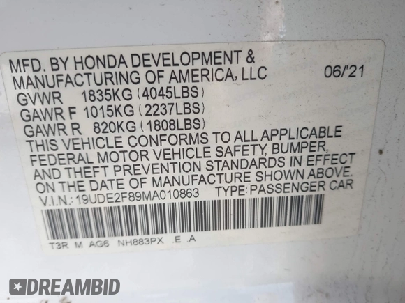 2021 Acura ILX Premium with VIN 19UDE2F89MA010863, listed as a IAAI auction lot 42461599 with 77,109 mi miles and . Bid and sale history available at DreamBid. Image 9.